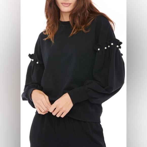 sundays Tops - Sundays Black Faux Pearl Ruffle Embellished Crewneck Pullover Sweatshirt M NWT
